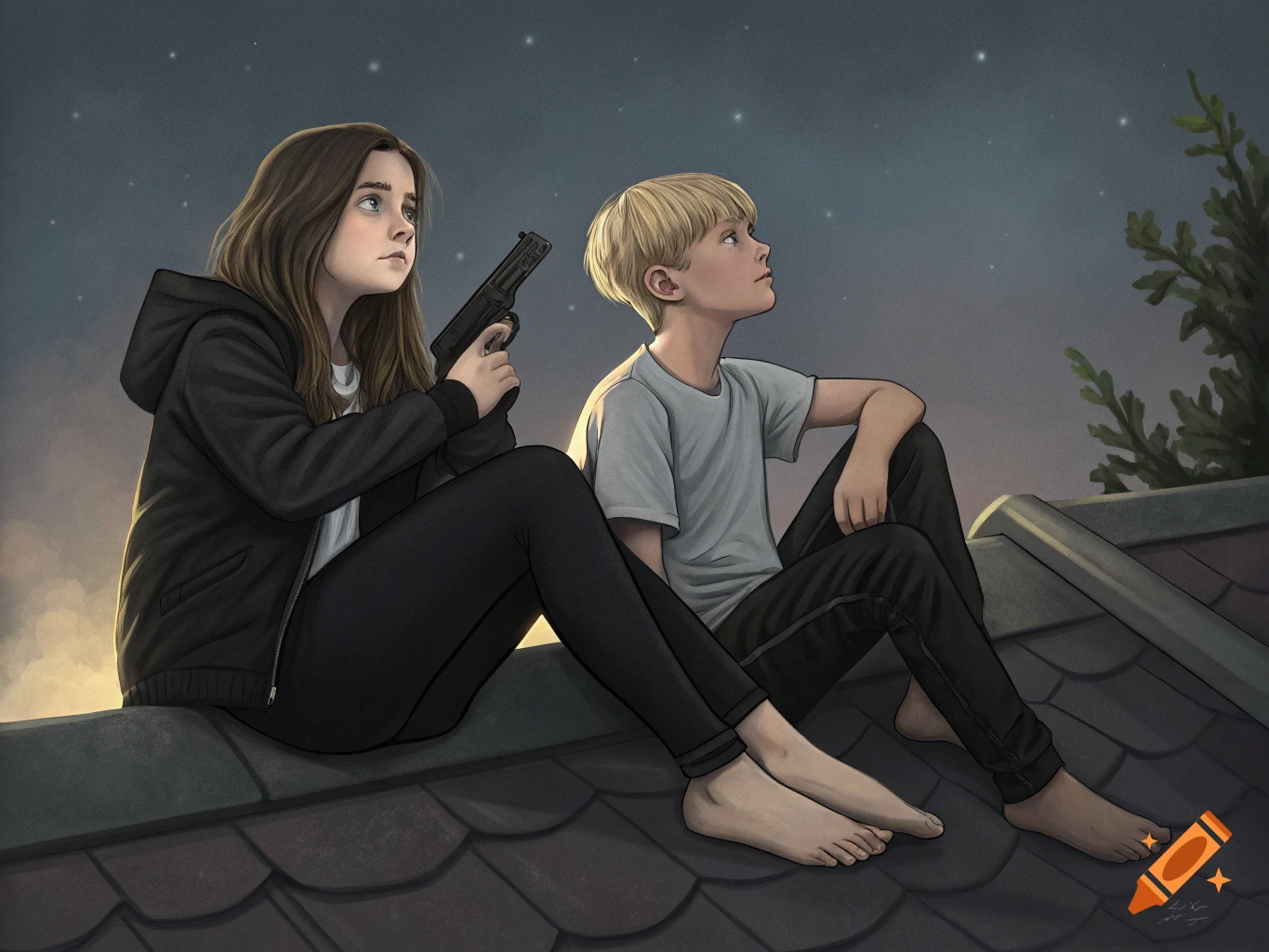Illustration of a girl with a pistol and a boy sitting on a rooftop looking at the stars at night.