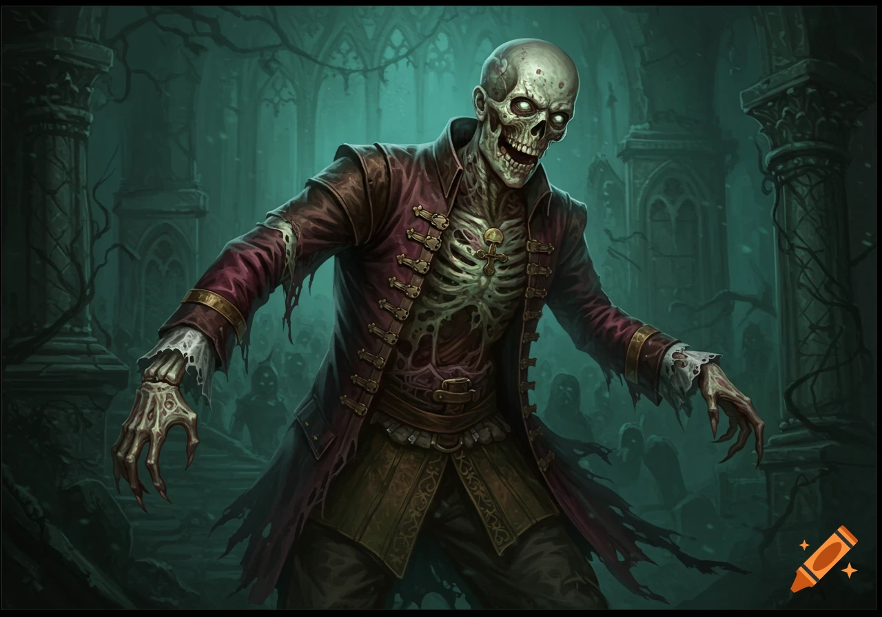 A putrescent undead nobleman in a coat stands in a gothic setting.