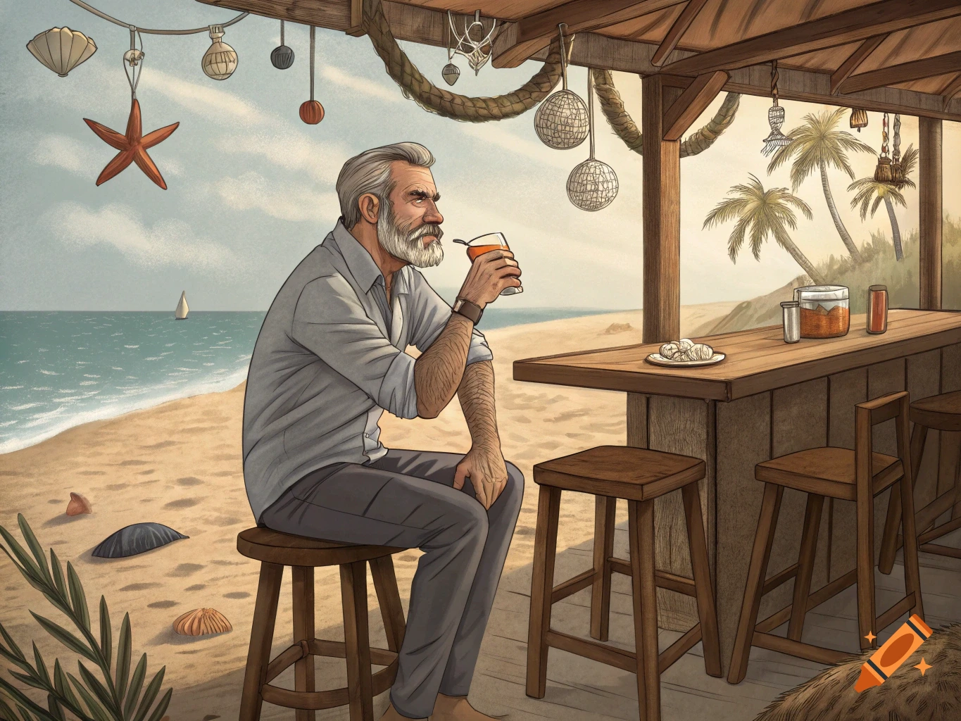 Illustration of a man with a beard sitting at a beach bar overlooking the ocean, holding a drink.