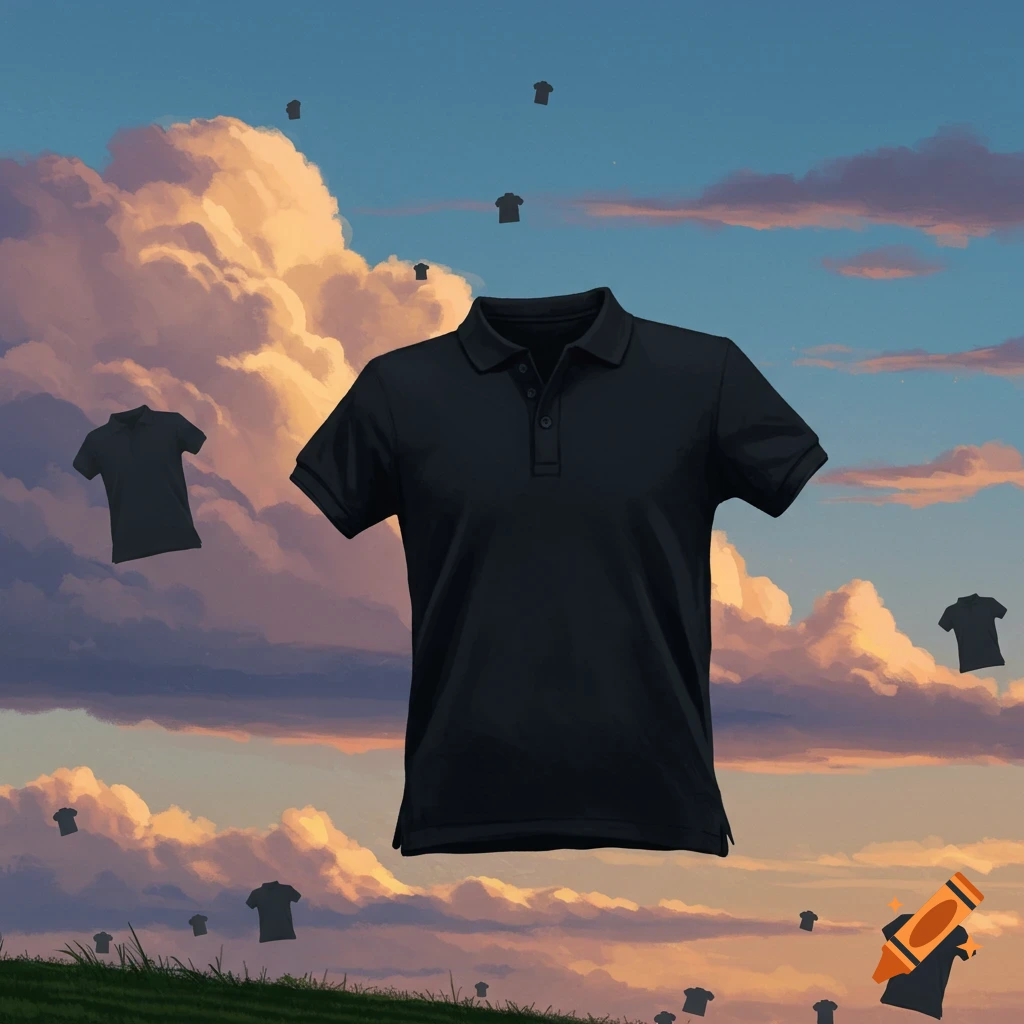 A black polo shirt floats in a cloudy sky with many smaller floating shirts, with grass below. Surreal art style.