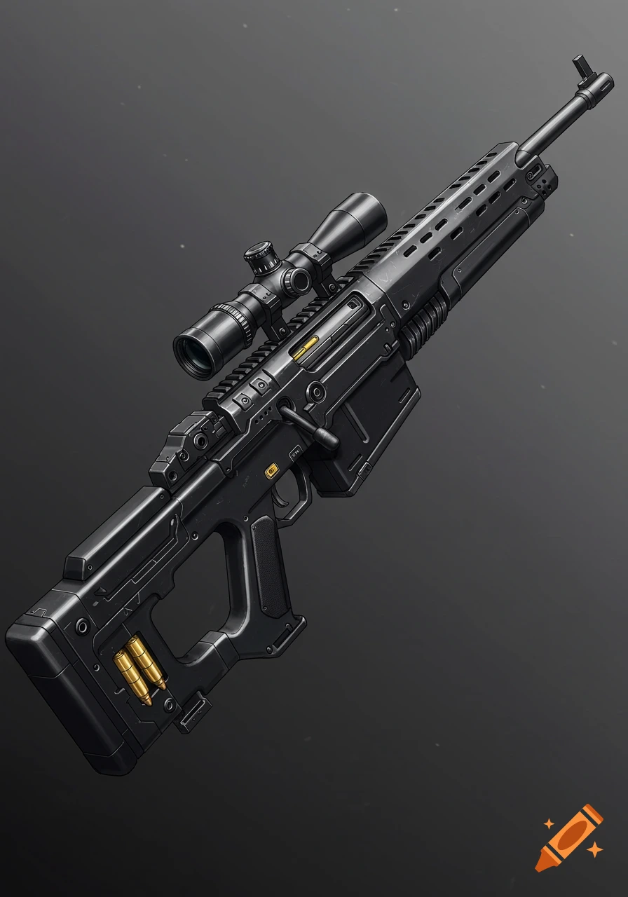 Black sniper rifle with scope and visible bullets on a dark background.