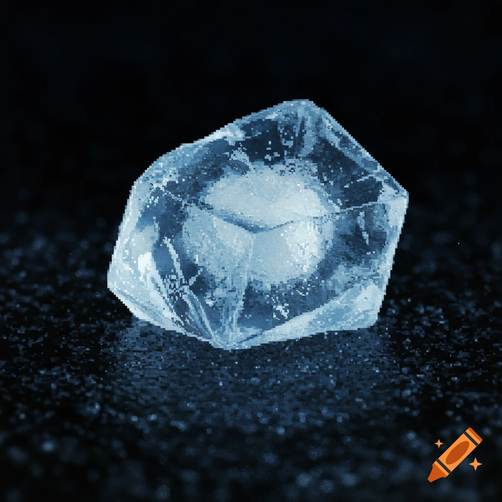 A pixelated close-up of a blueish ice crystal on a dark background.