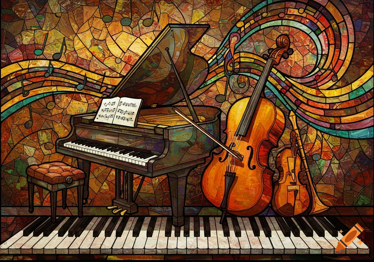 Stained glass artwork of a piano, violin, and cello with musical notes.