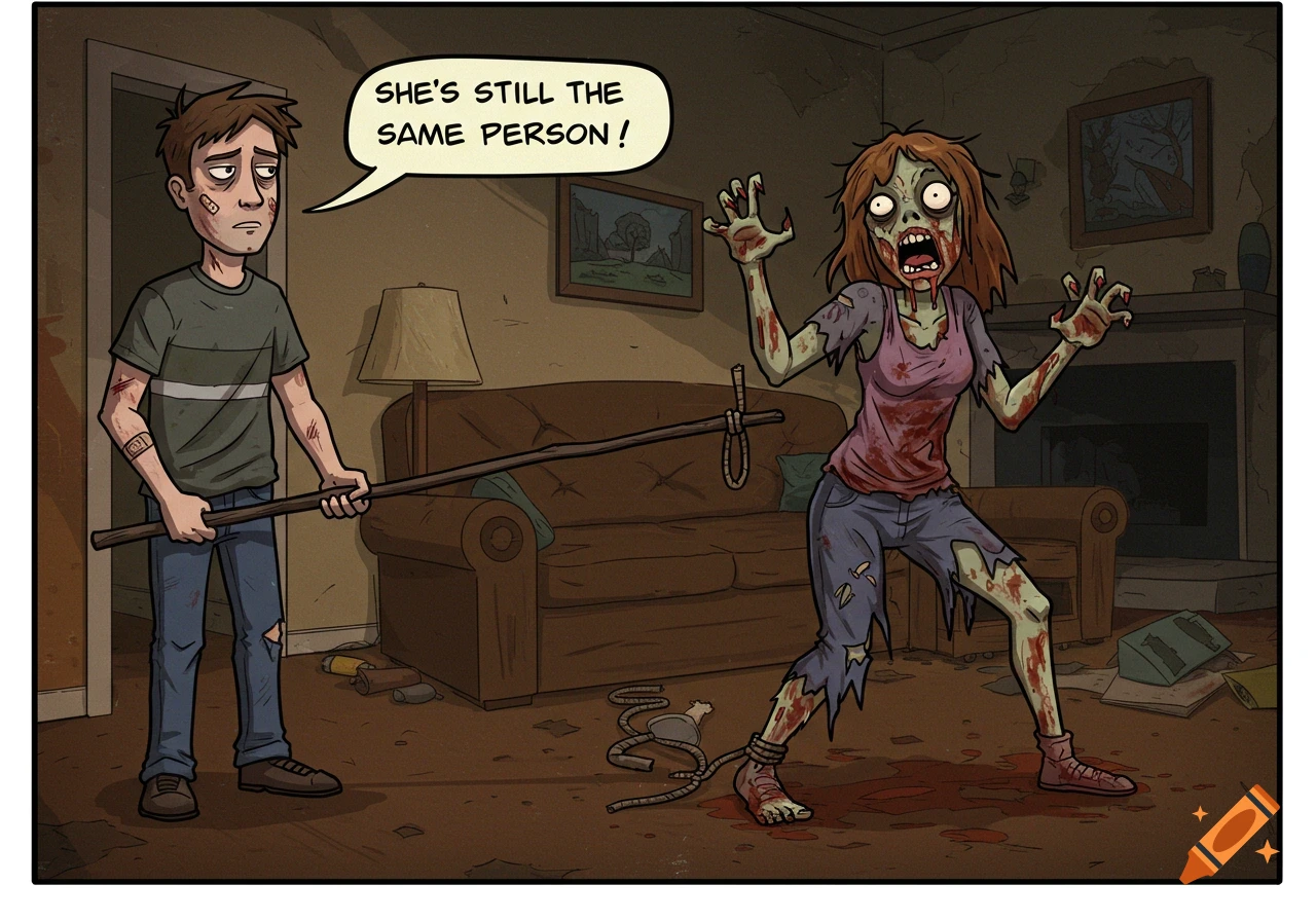 Cartoon of weary man holding zombie on a stick leash, saying 'She's still the same person!'