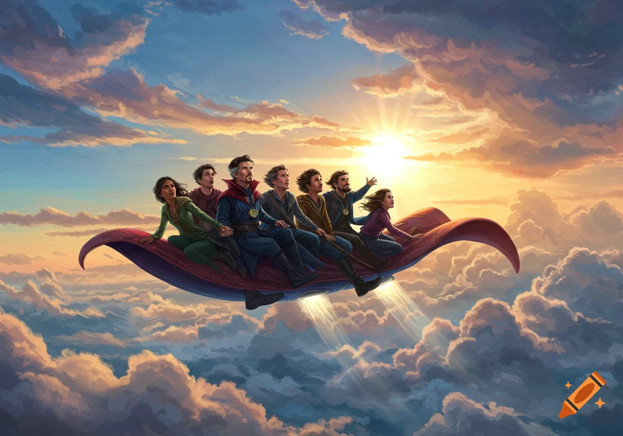People fly on a magic carpet through clouds at sunset.