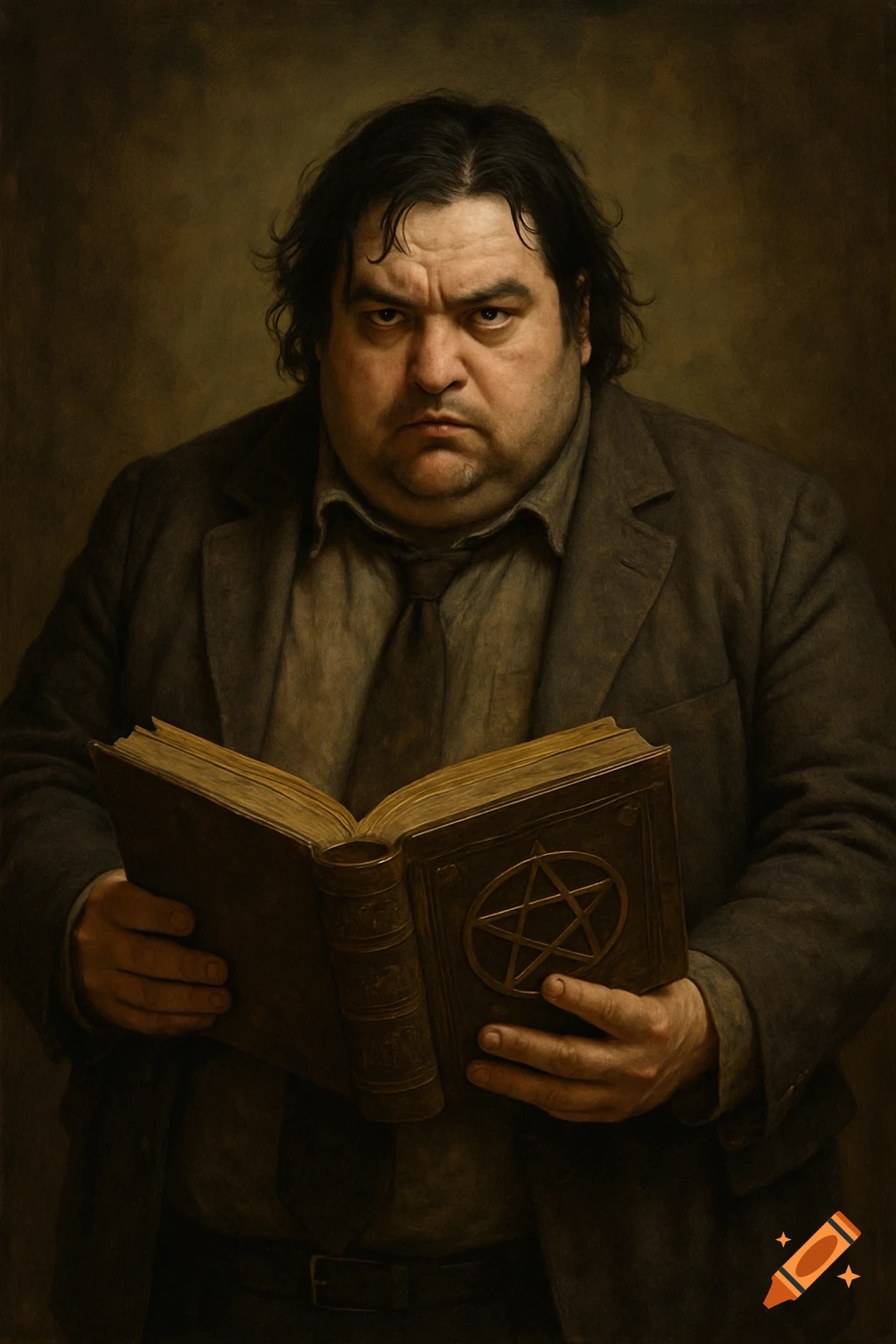 A heavy-set man in a suit holds an open book with a pentagram symbol, in a painting style.
