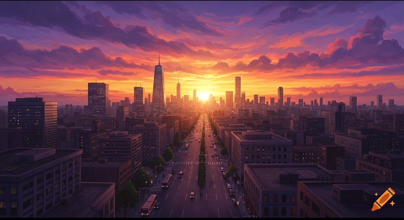 Artistic city skyline at sunset looking down a long street.