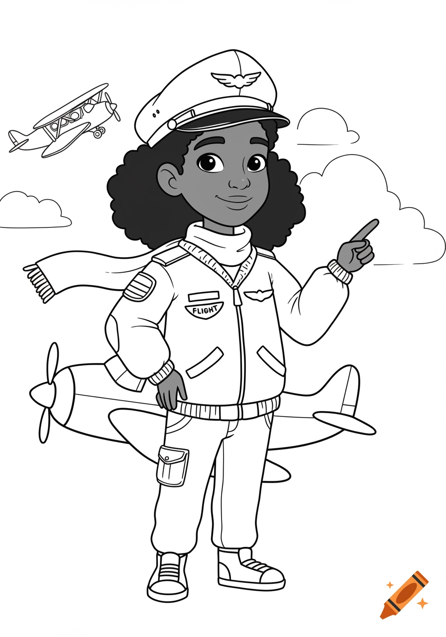 Black and white line drawing of a girl pilot pointing, standing next to a cartoon airplane. Suitable for coloring.