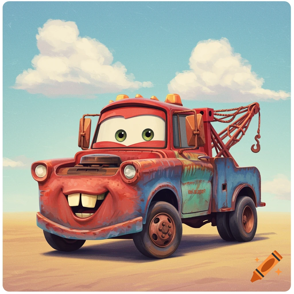 A cartoon red tow truck character with big eyes and a smiling mouth stands in a desert landscape under a cloudy sky.