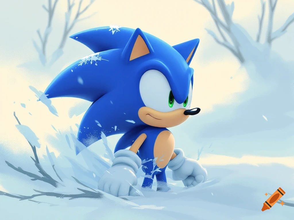 Sonic the Hedgehog standing in deep snow.