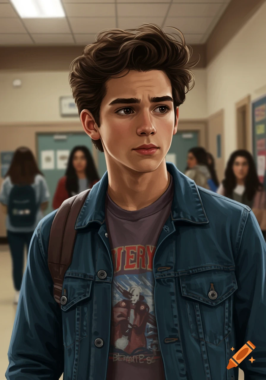 Portrait of a teenage boy wearing a denim jacket over a graphic t-shirt, standing in a high school hallway.