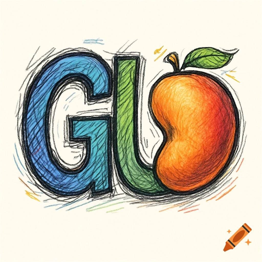 Stylized sketch-style logo of letters GU and a peach in the shape of a kidney bean.