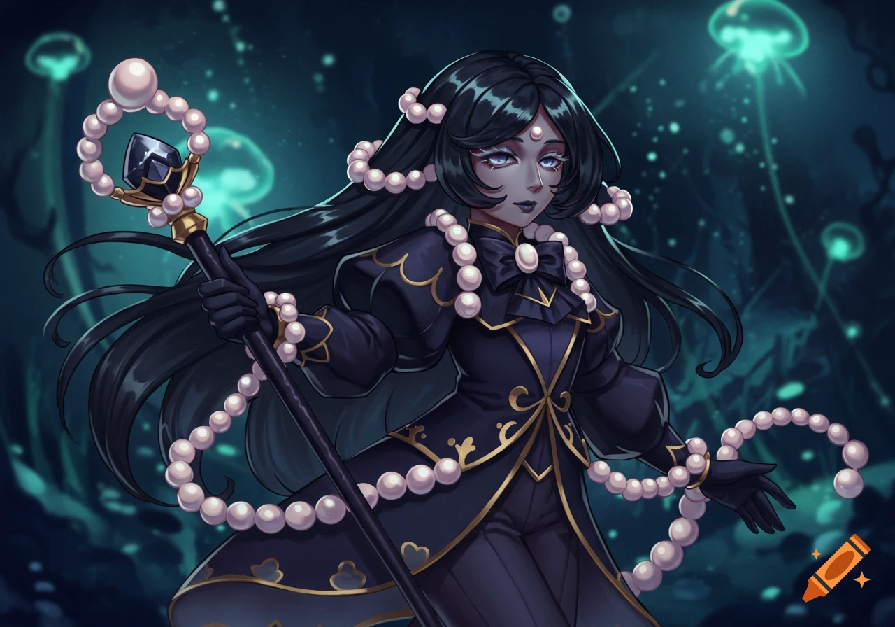 A dark-haired character in a blue and gold coat holds a pearl staff surrounded by glowing jellyfish in an underwater scene.