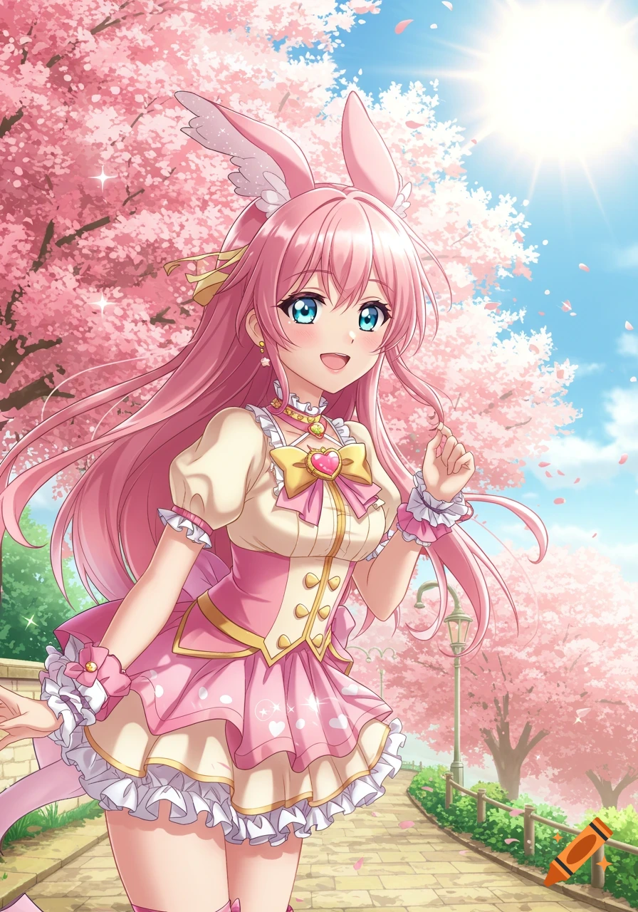 Anime girl with pink hair and bunny ears in a pink dress under cherry blossom trees