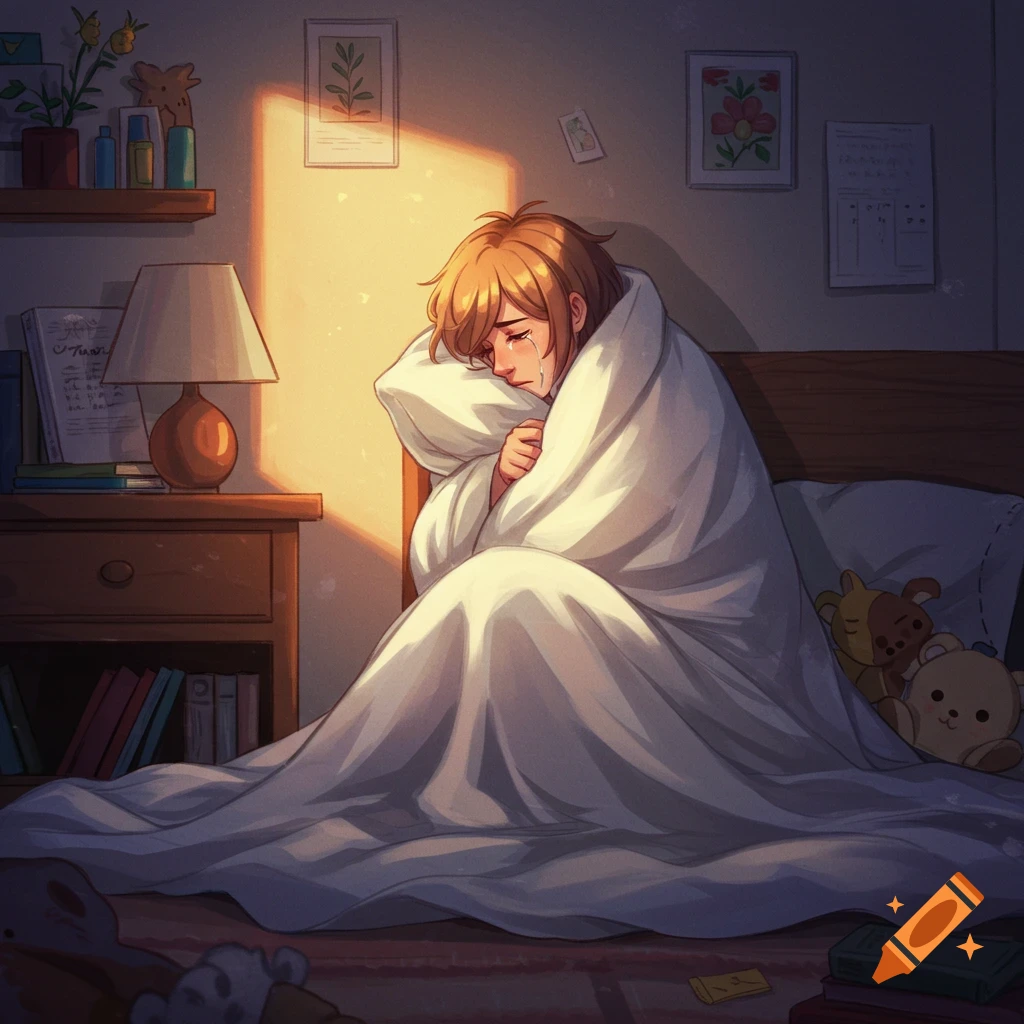 Anime illustration of a sad person crying in bed