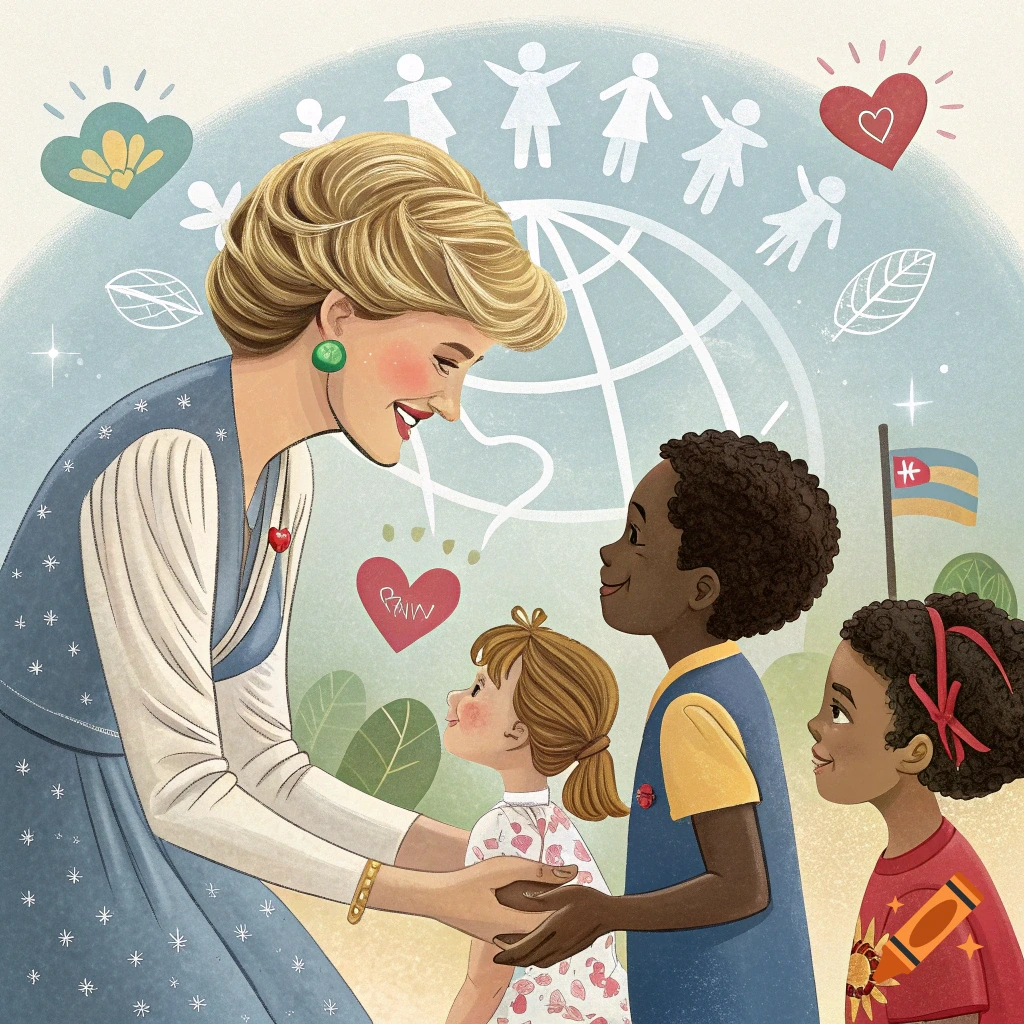 Illustration of a woman resembling Princess Diana with children, symbolizing charity work.
