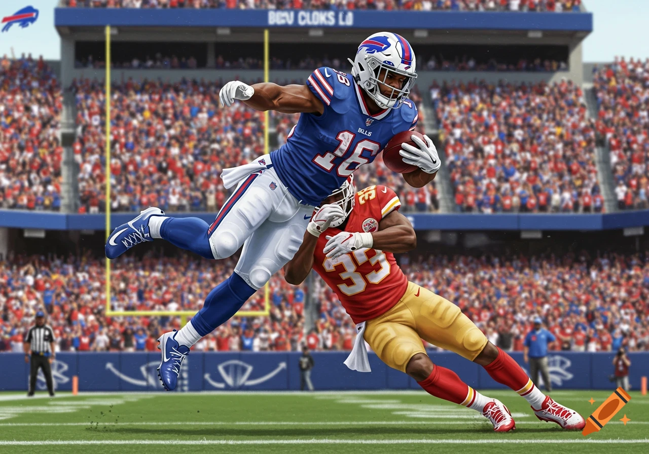 Illustration of a Buffalo Bills player jumping over a Kansas City Chiefs player during a football game.