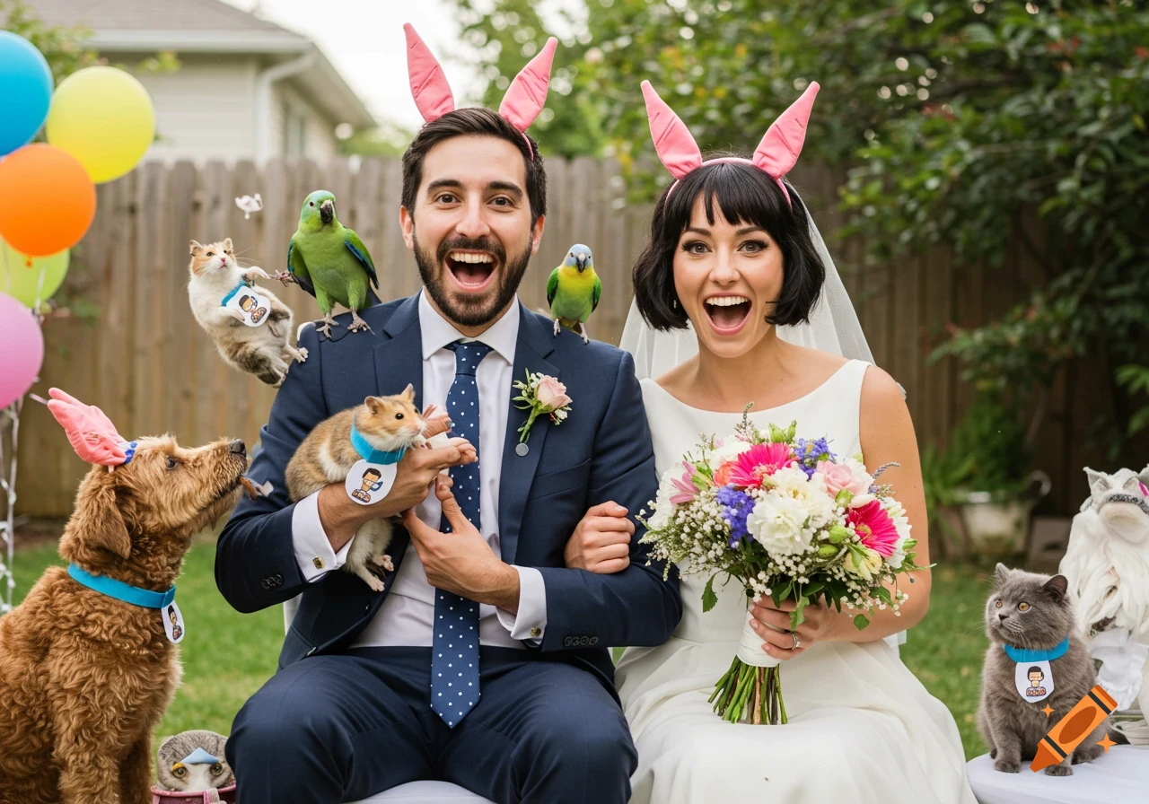 Photorealistic image of a couple in wedding attire wearing bunny ears and surrounded by pets including dogs, cats, parrots, and hamsters.