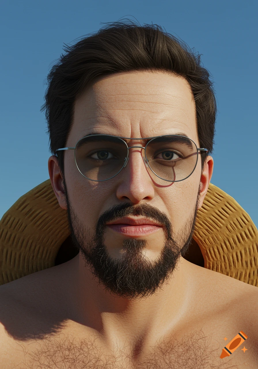 Close-up photorealistic portrait of a man wearing glasses and a straw hat.