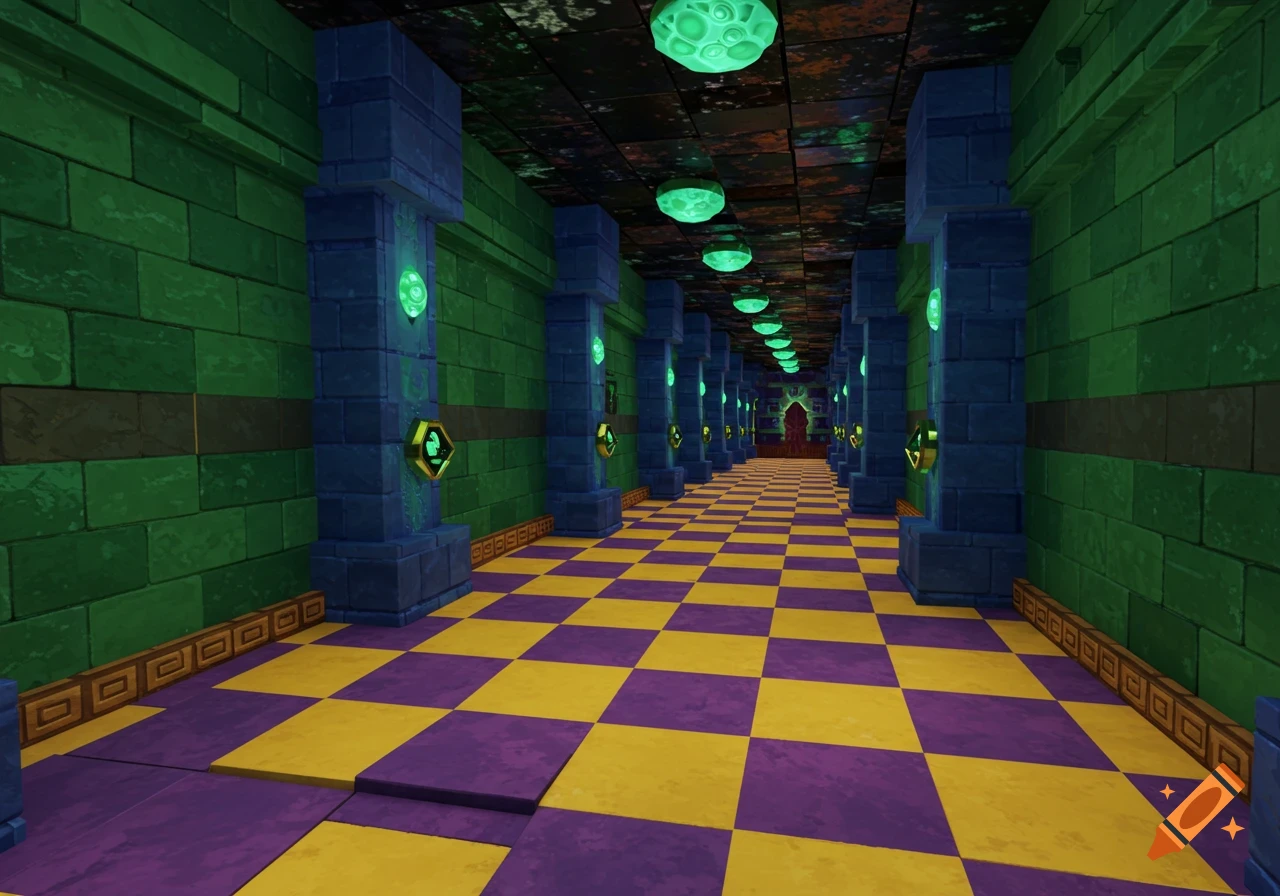 A blocky, fantasy-style video game hallway with green walls, blue columns, and a yellow and purple checkered floor.