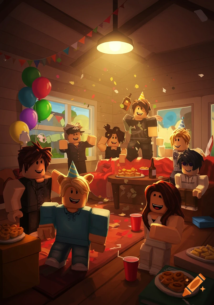 Roblox-like characters at a house party with balloons and confetti.