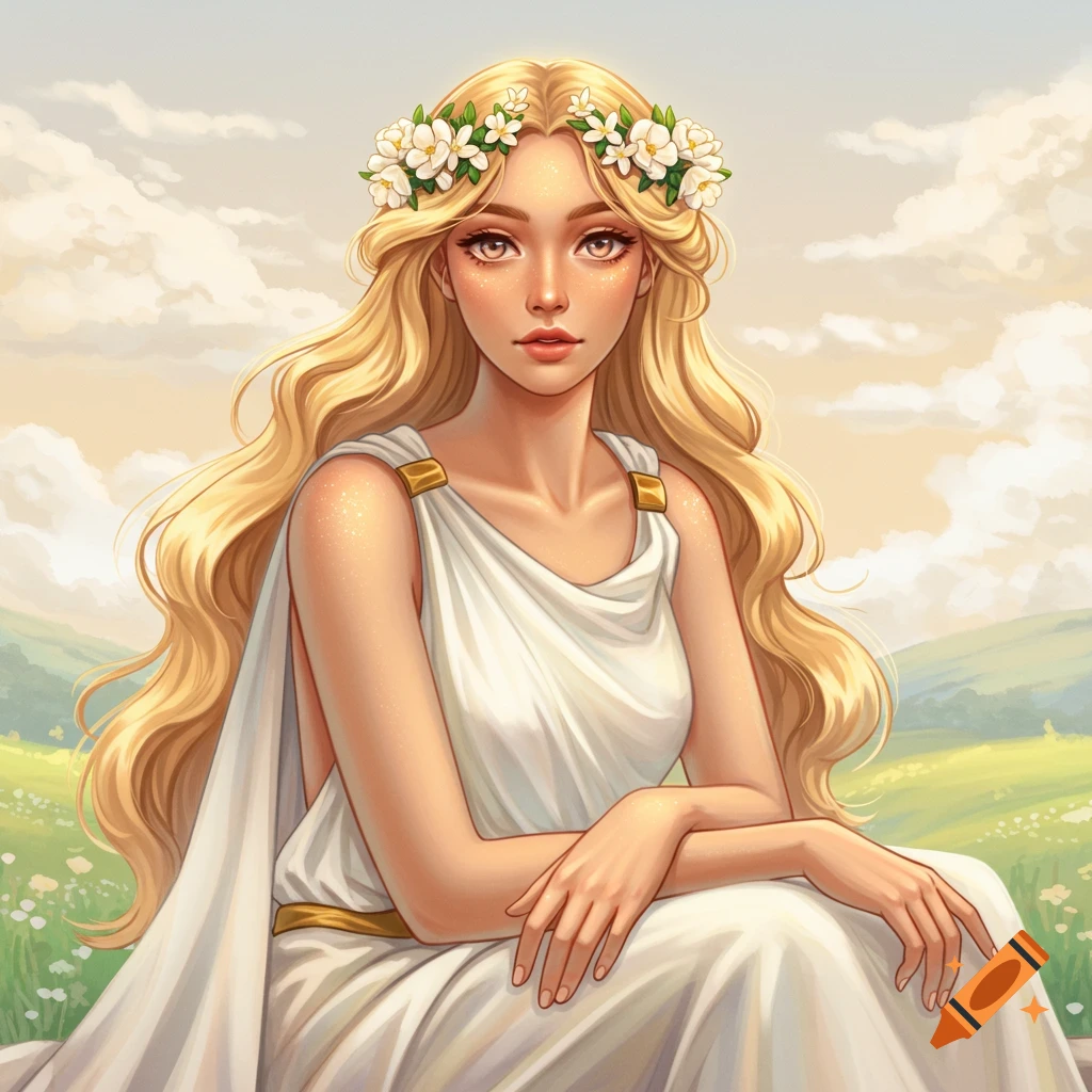 A young woman with long blonde hair and a flower crown, wearing a white classical dress, sits in a field. Stylized digital art.