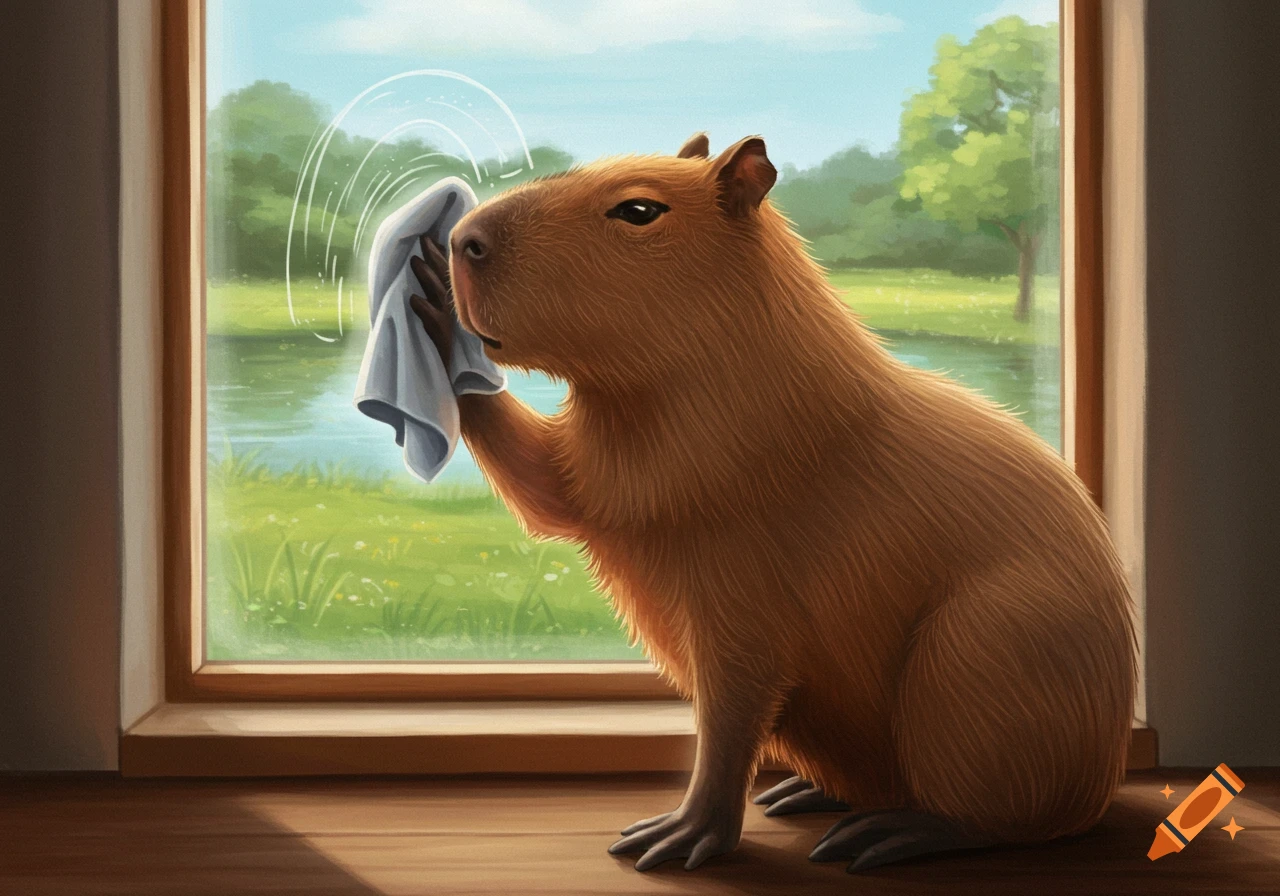 A capybara cleans a window with a cloth, looking out over a pond and trees in a sunny room.