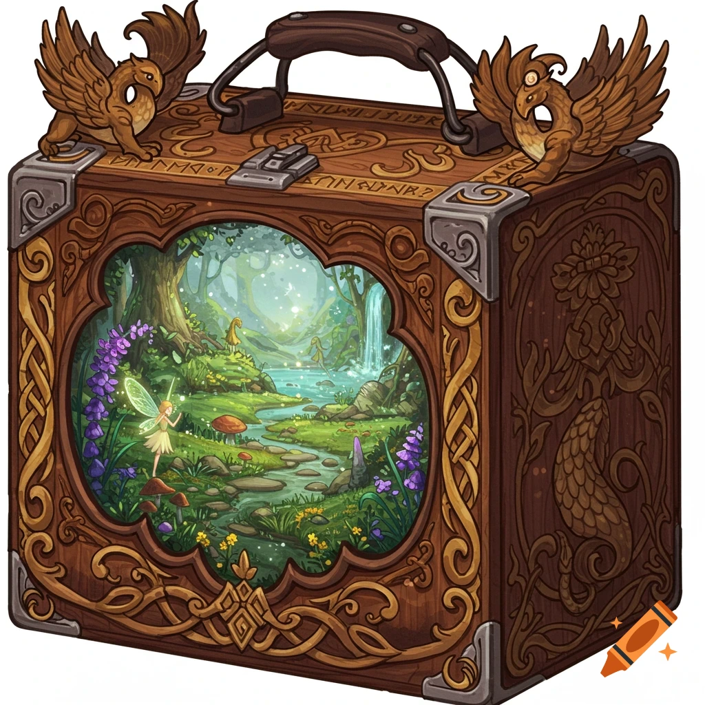 A fantasy wooden lunchbox with decorative carvings and runes, featuring a window showing a magical forest scene with a fairy.