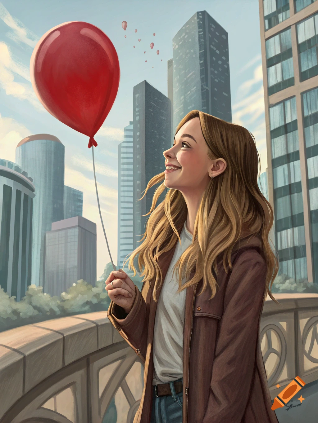Illustrated young woman holds a red balloon in a city.