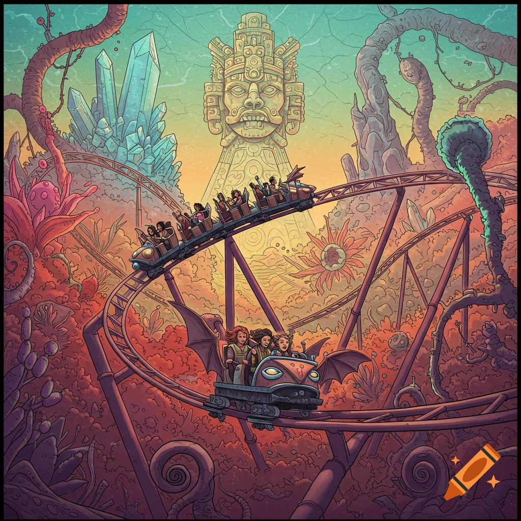 Illustrated fantasy roller coaster in a surreal landscape with strange plants and an ancient statue