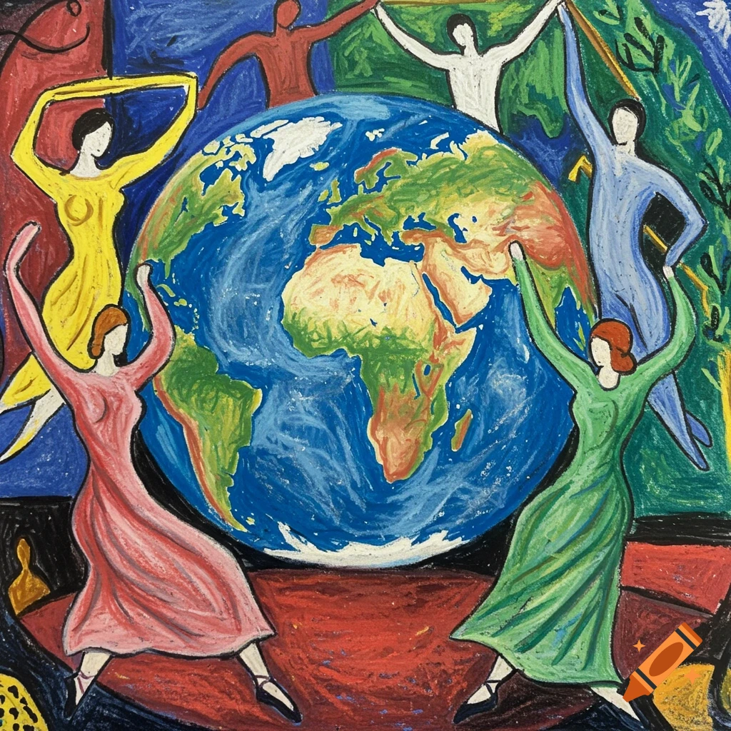 Crayon drawing of stylized people dancing around the Earth.