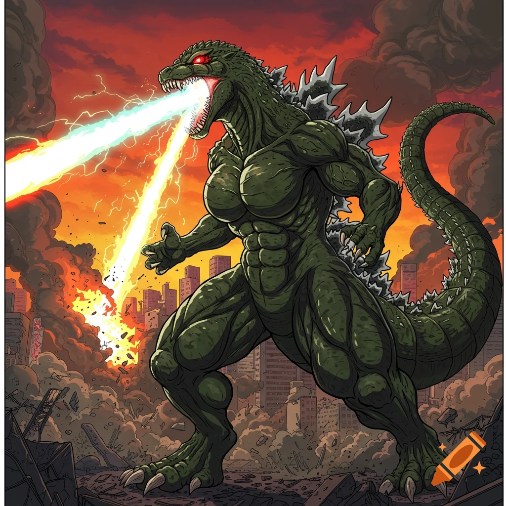 Giant green monster fires energy beams at a city during destruction, comic book style