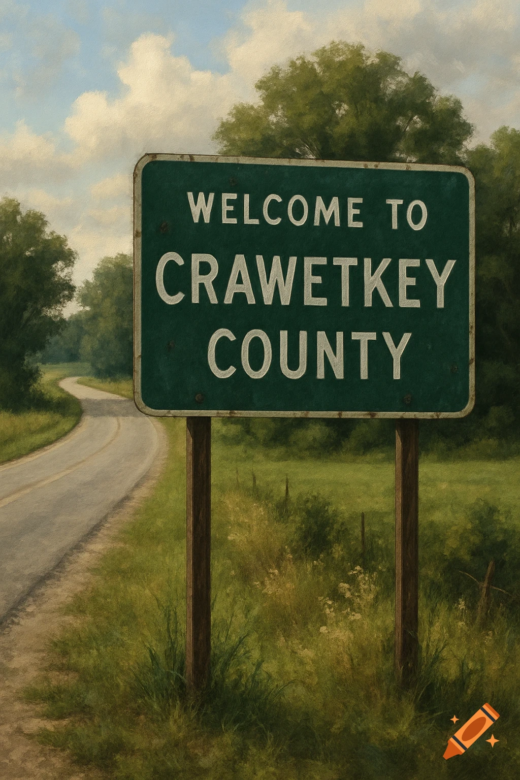 A painting of a green welcome sign for Crawetkey County on a country road.