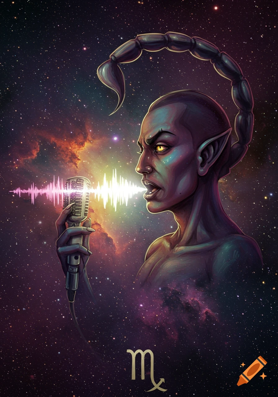 Stylized figure representing Scorpio singing into a microphone with a soundwave effect in a starry space background. Scorpio zodiac symbol at the bottom.