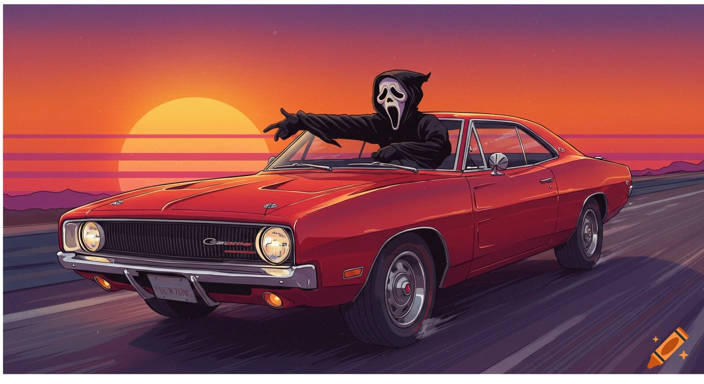 Ghostface drives a red muscle car into the sunset in a stylized illustration.