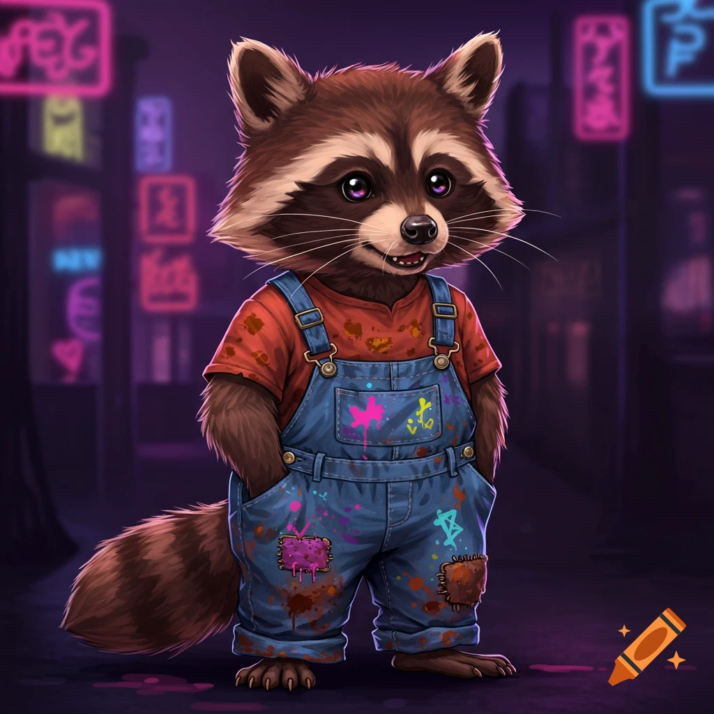 Cartoon raccoon character in paint-splattered overalls standing in an urban background with neon lights.