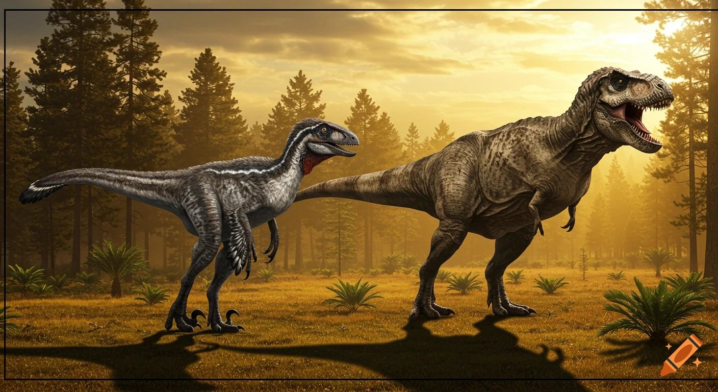 A Utahraptor and Tyrannosaurus rex stand side-by-side on a prehistoric plain at sunset.