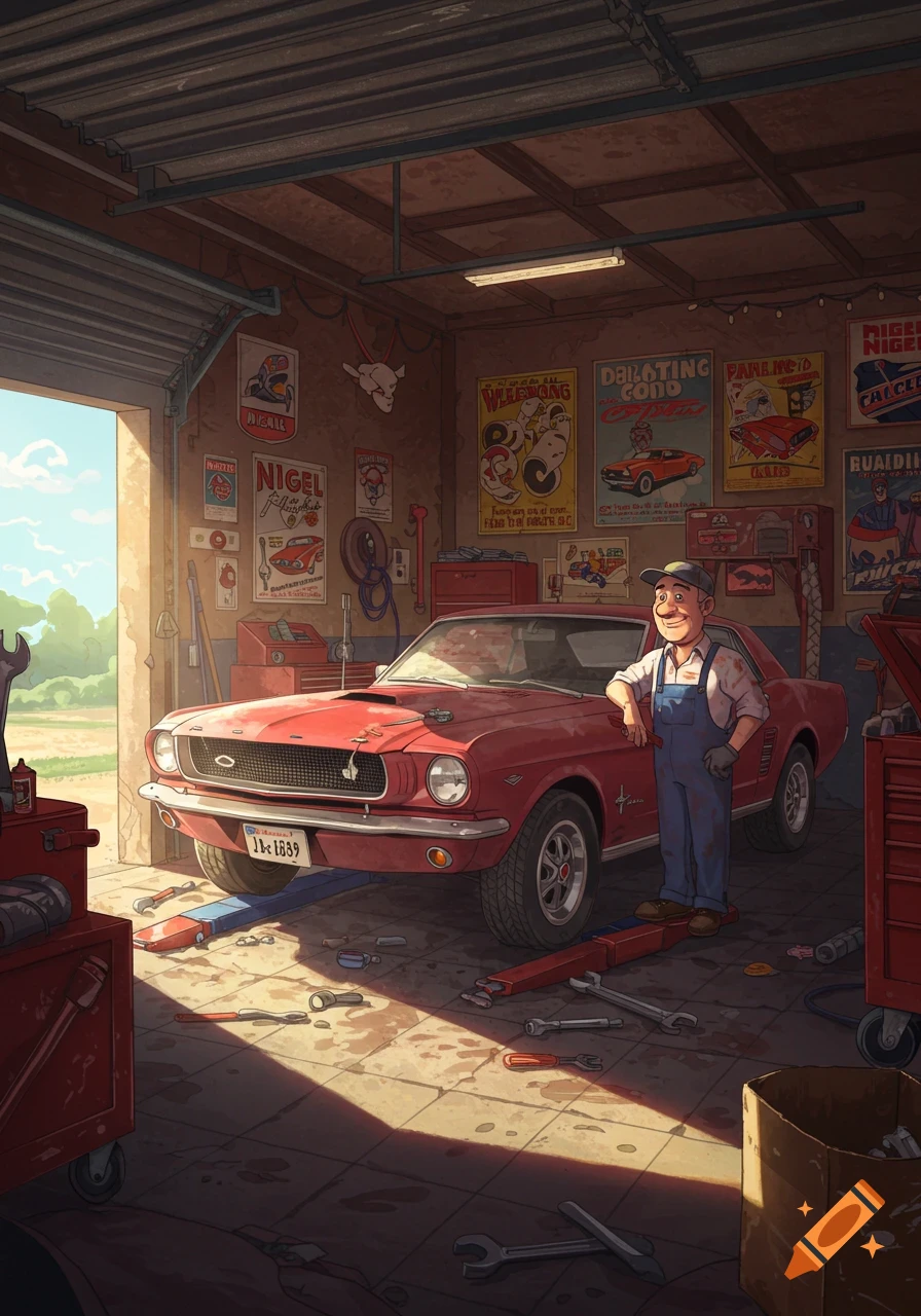 Cartoon illustration of a mechanic standing next to a red vintage car in a garage.