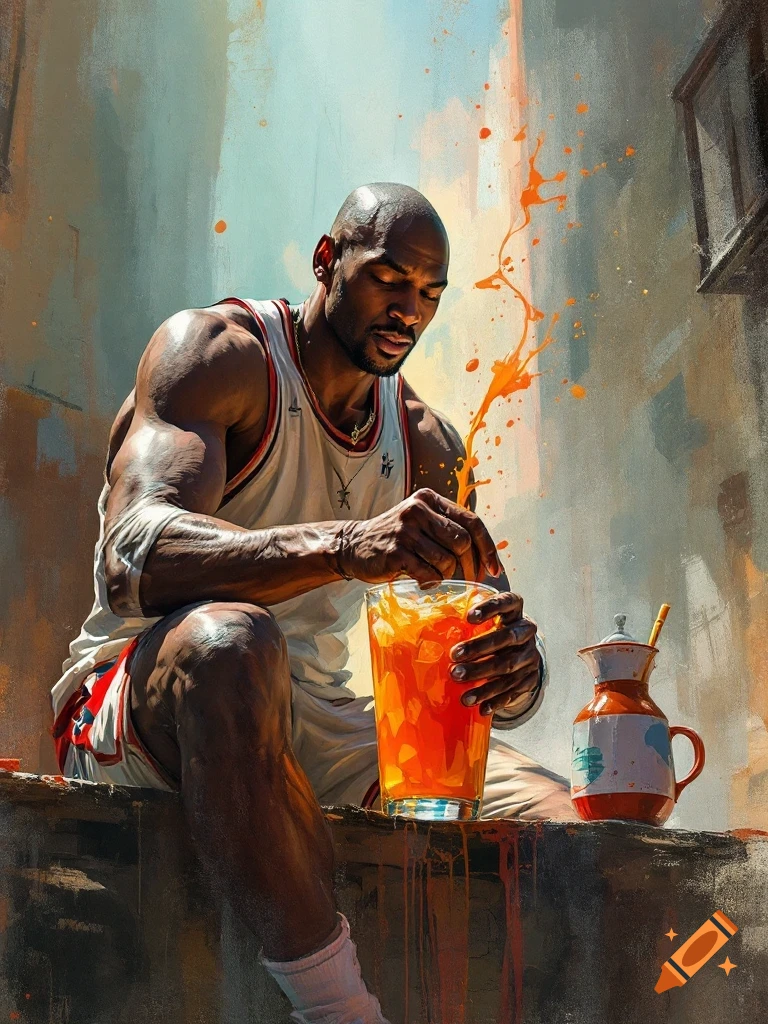 Painterly image of a man in a basketball jersey mixing a large glass of orange drink.