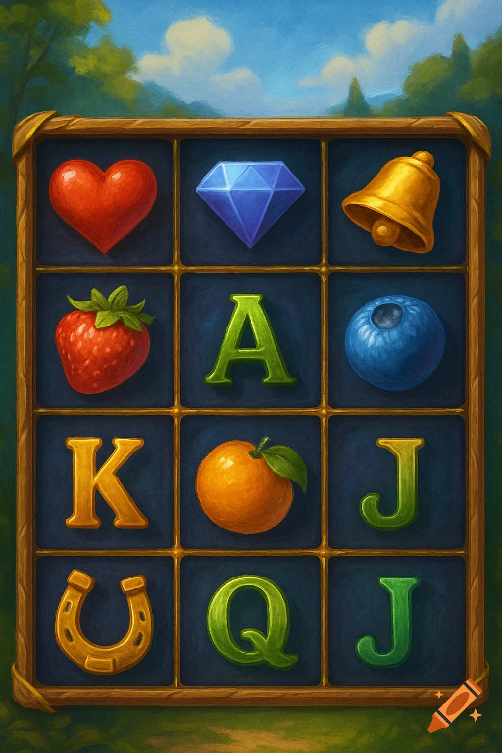 Painterly illustration of a slot machine grid with fruit, symbols, and letters A, K, Q, J