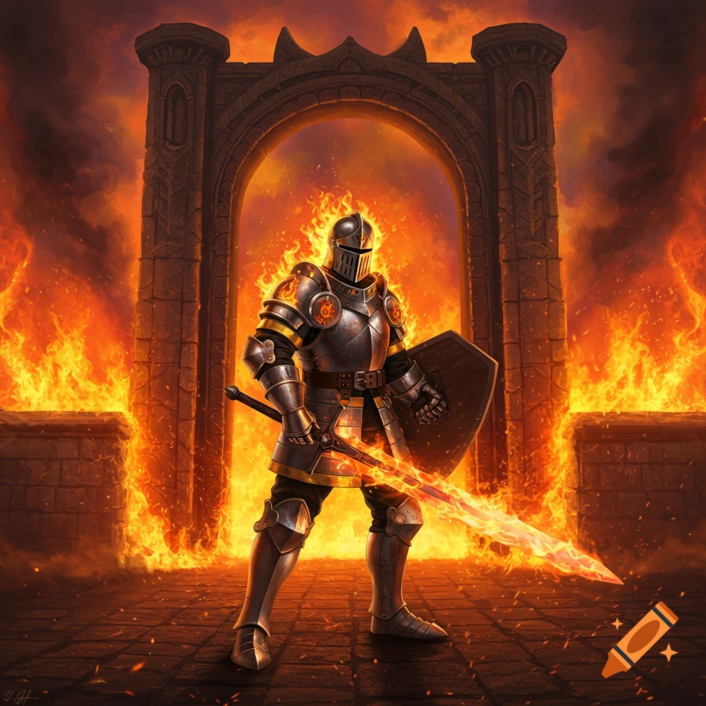 A knight in ornate armor stands in front of a flaming arched gateway, holding a glowing sword and shield.