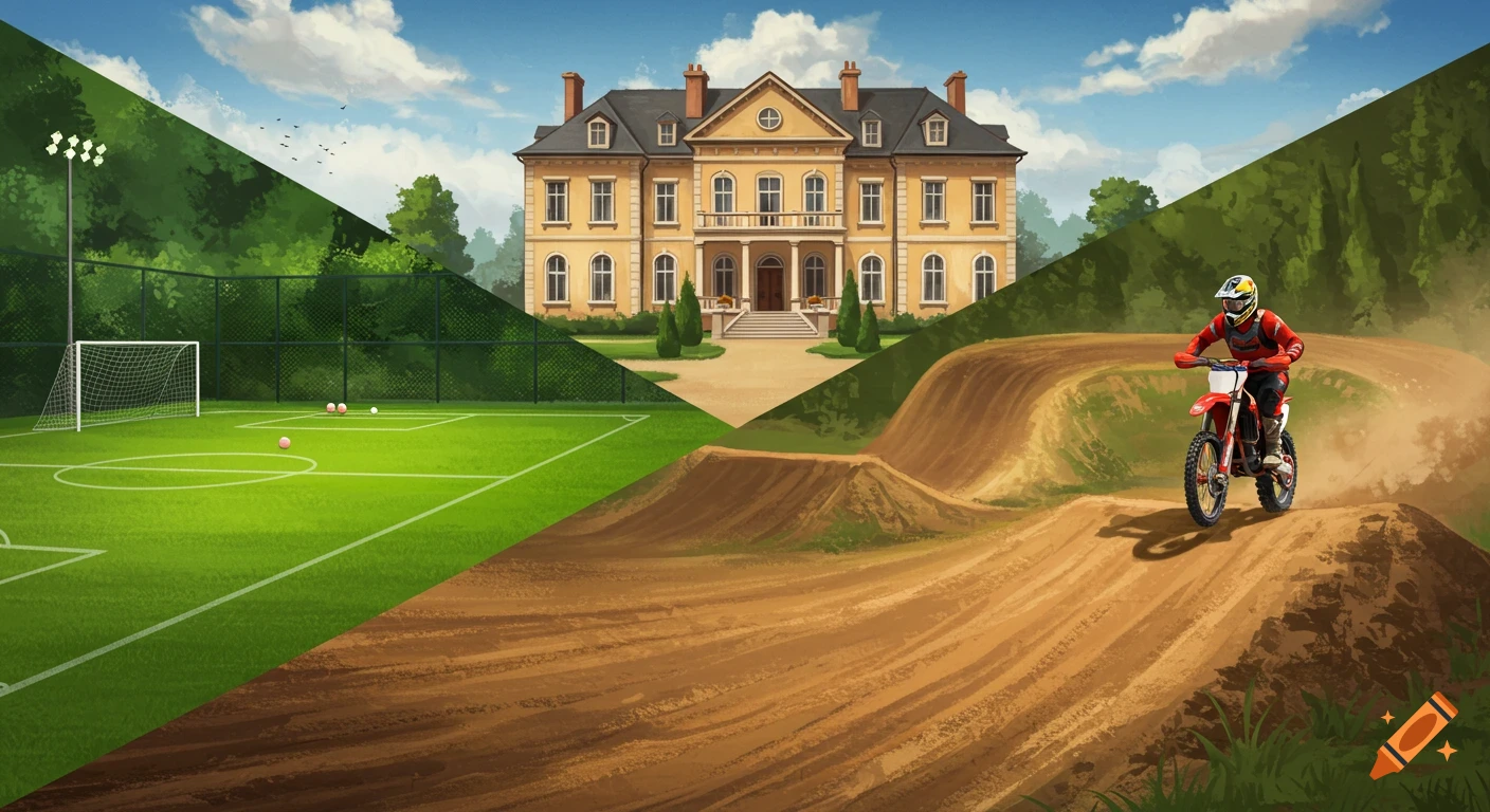 A split image showing a mansion in the background, a soccer field on the left, and a motocross rider on a dirt track on the right.