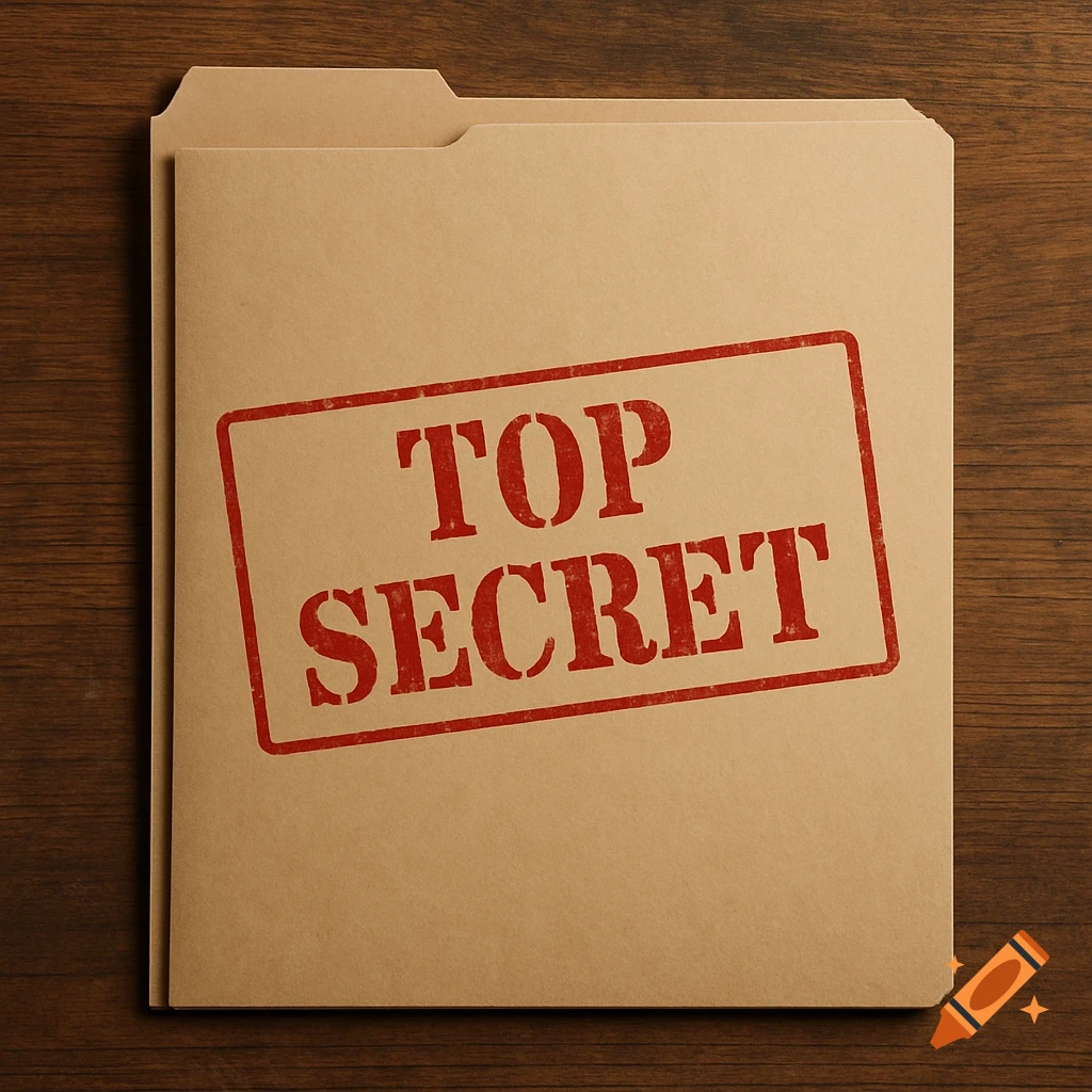 A brown file folder with a red "TOP SECRET" stamp on a wooden desk.