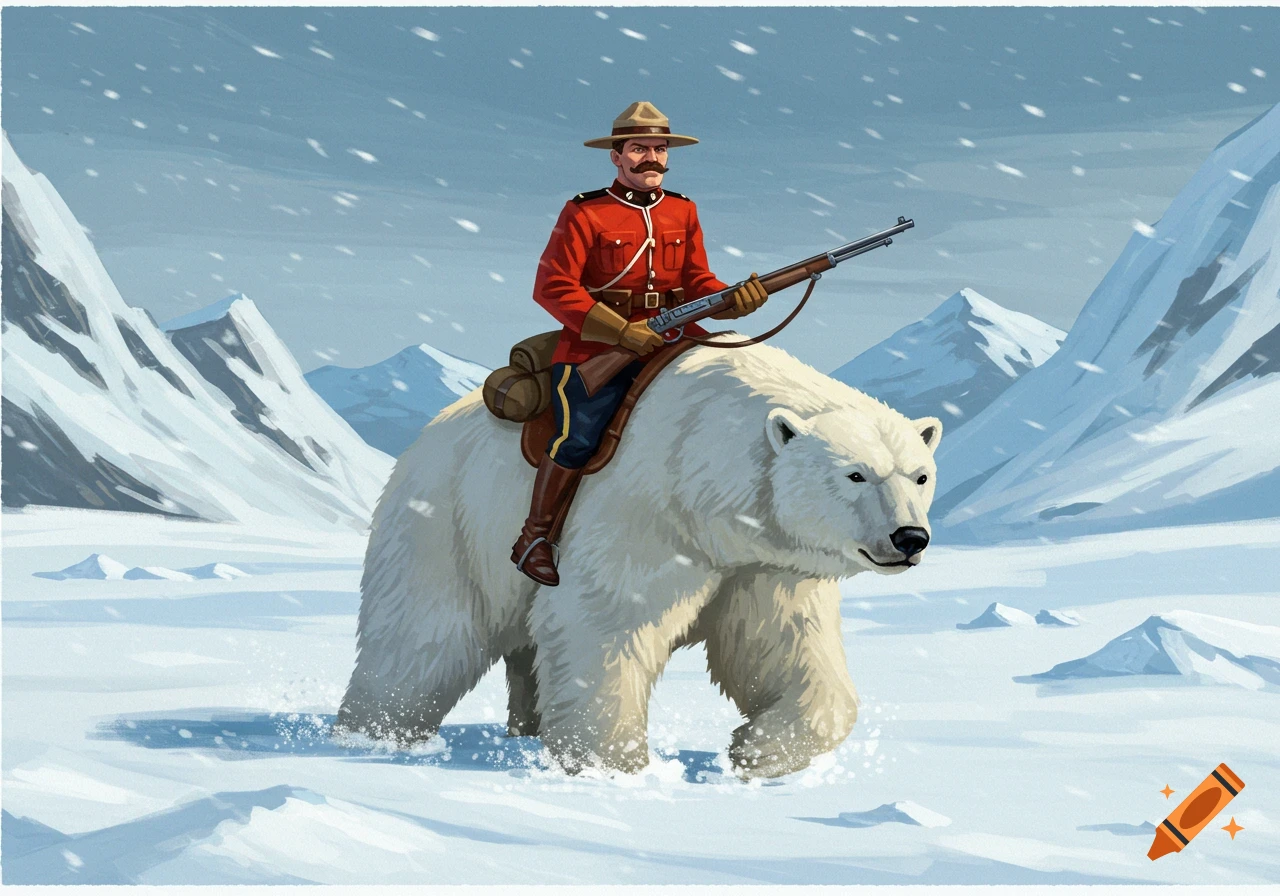 An illustration of a Canadian Mountie riding a polar bear in a snowy mountain landscape.