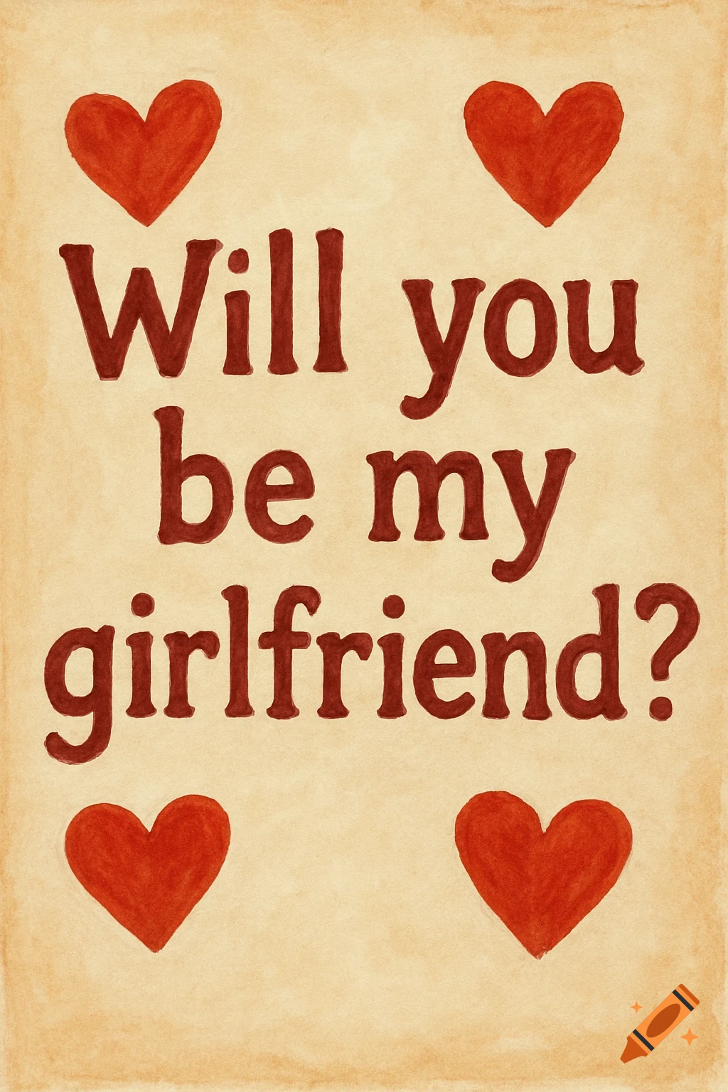 A watercolor card with red hearts and the text 'Will you be my girlfriend?'