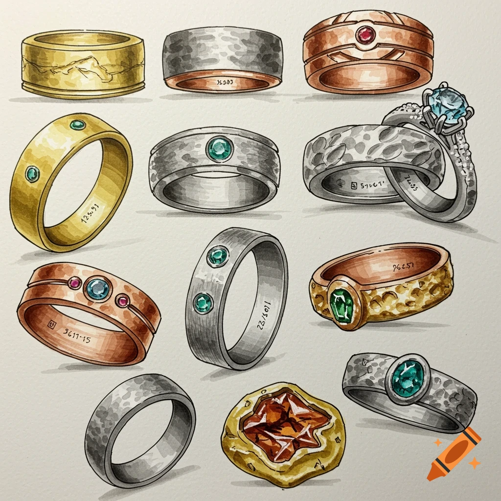 An illustrated collection of rings with various metals, textures, and gemstones.