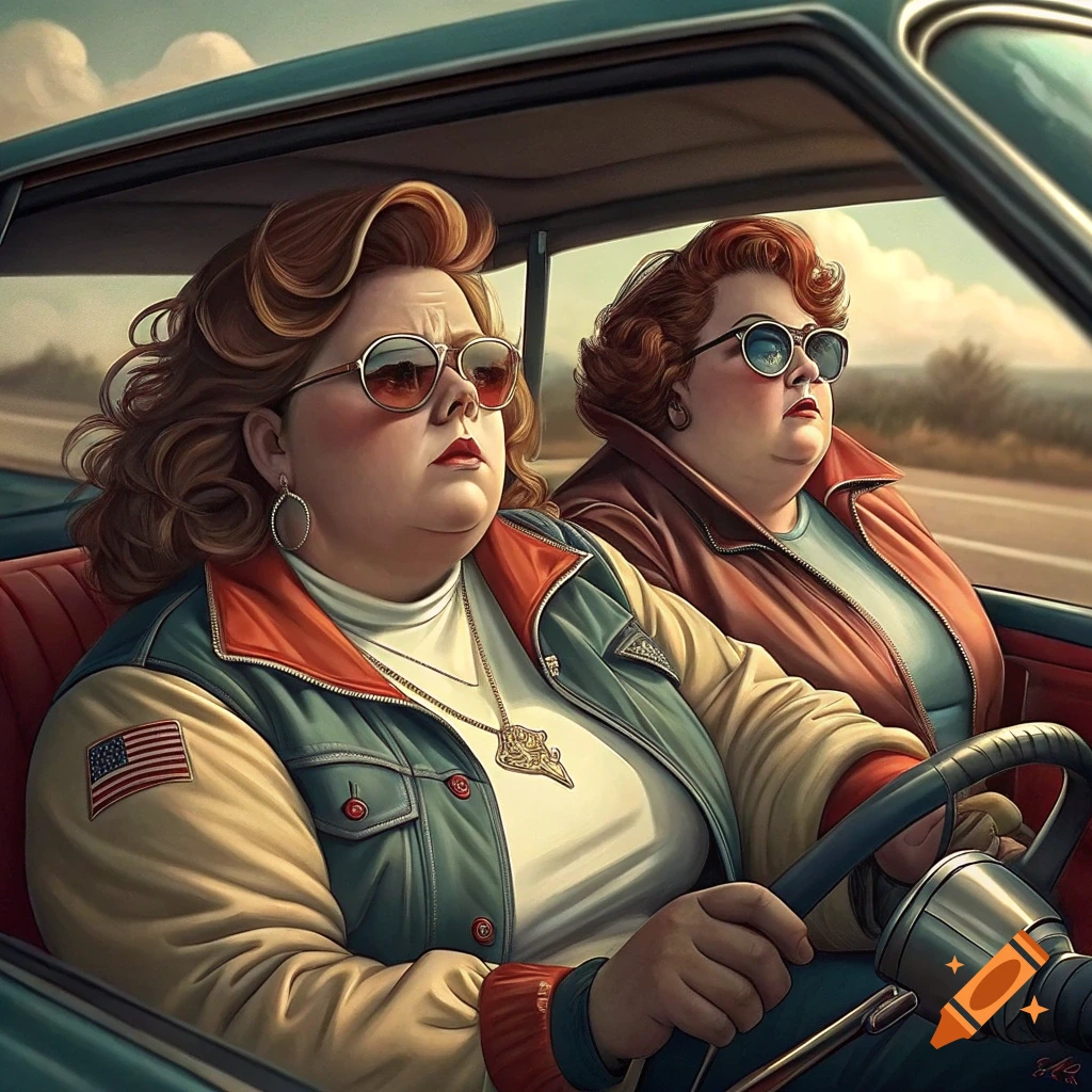 Digital art of two women with sunglasses driving in a car.