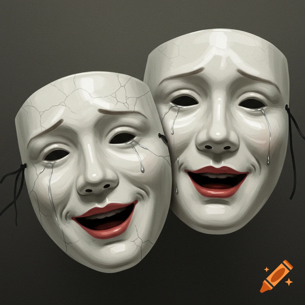 Two theatrical masks, one cracked and crying with a smile, the other smiling and crying.