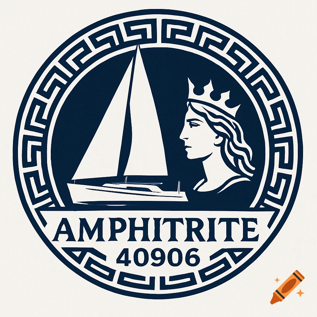 A circular logo with a sailboat, a crowned female figure, and Greek key border, text reads AMPHITRITE 40906.