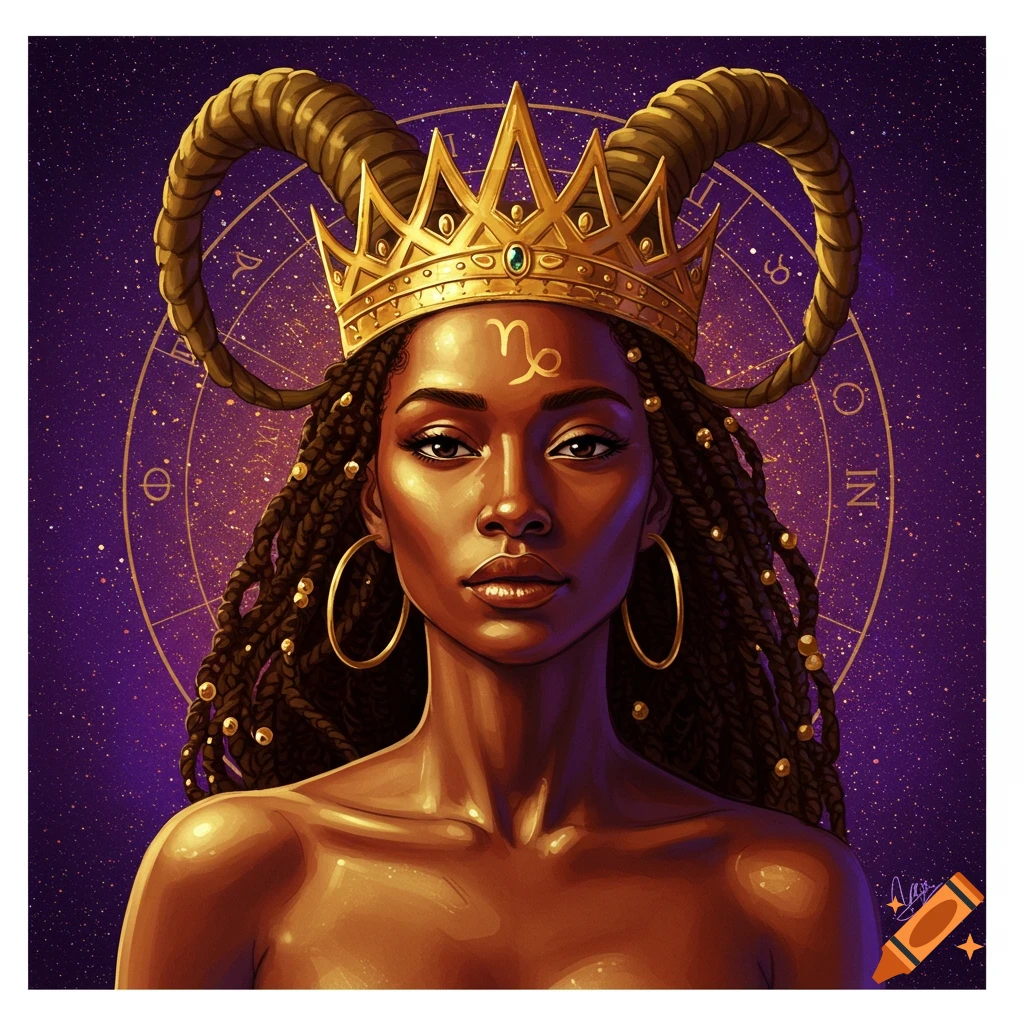 Digital illustration of a black woman with horns and a golden crown featuring the Capricorn symbol against a starry, astrological background.